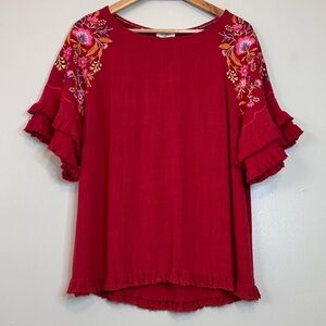 NWT UMGEE Floral Embroidered Top in Scarlet Red